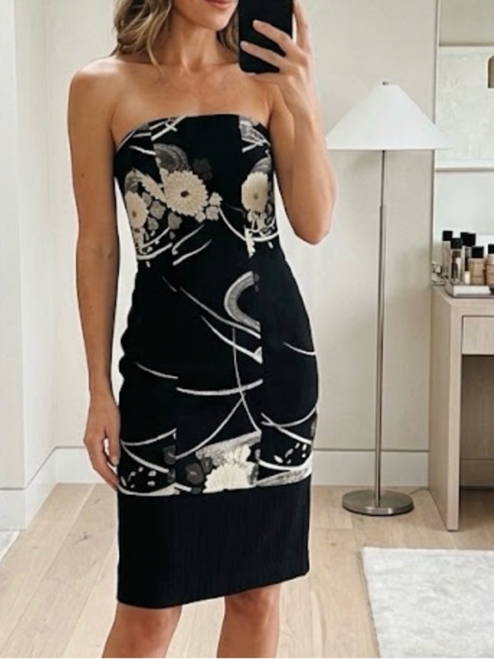La Perla Black White Floral Strapless Pencil Midi Dress Sz 6 Cocktail Part…